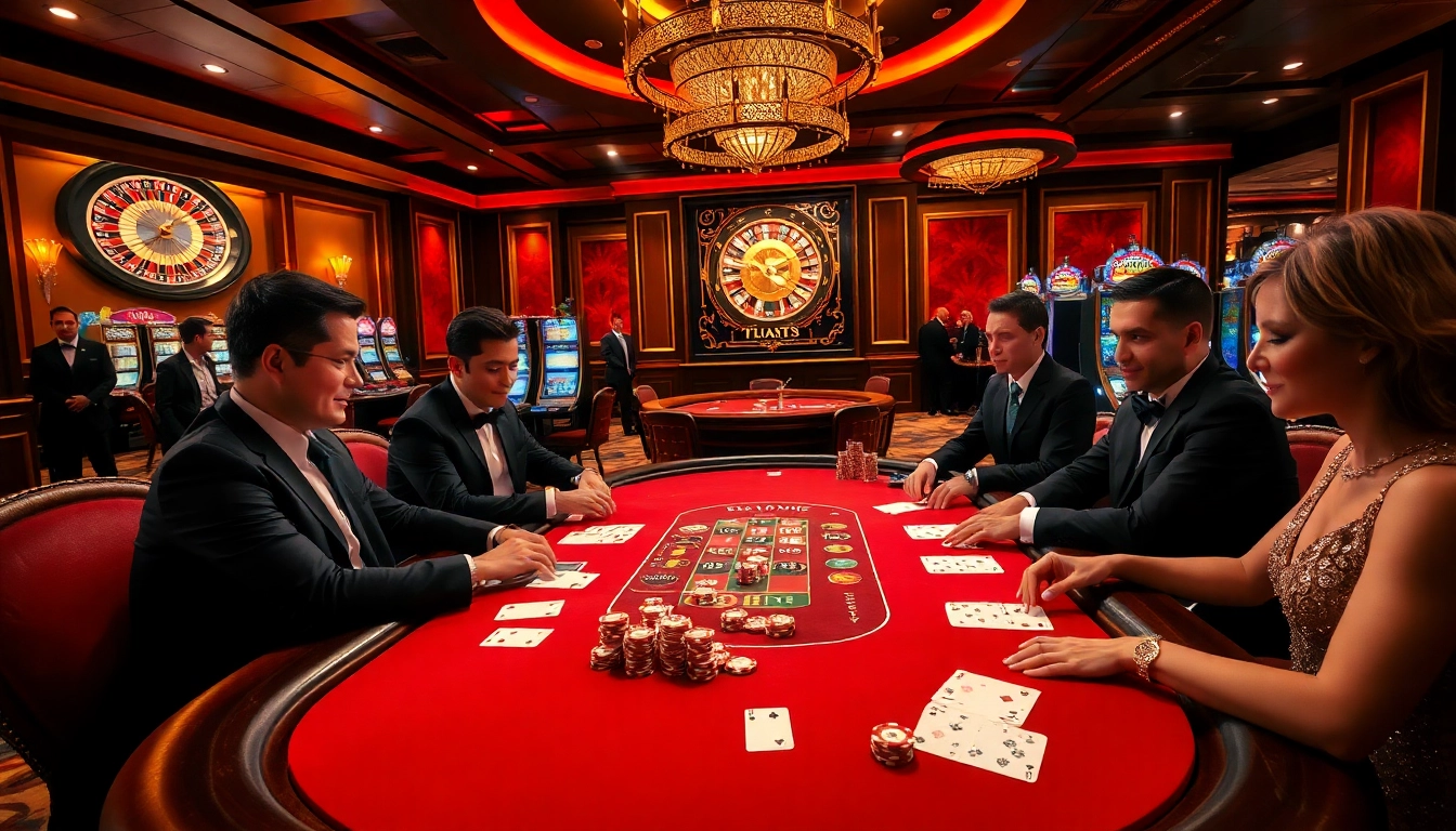 Players engage in a high-stakes poker game at https://tr88.bio/, showcasing excitement and strategy in a luxurious casino setting.