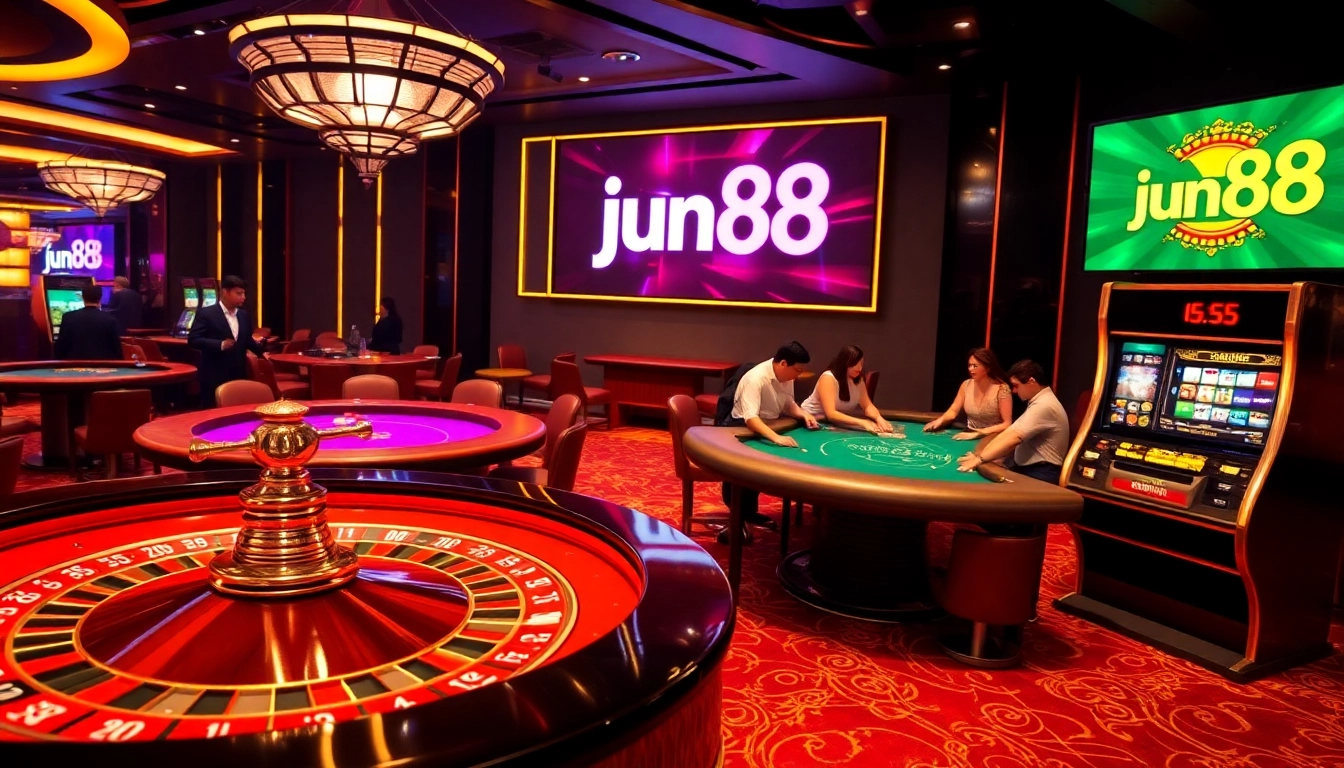 Players enjoying games at jun88 casino, showcasing excitement and luxury in a high-end gambling environment.