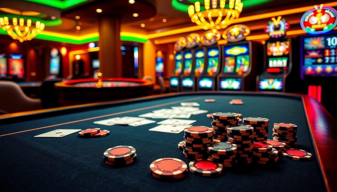 Experience the thrilling atmosphere of mb66.nyc with vibrant casino visuals featuring poker tables and roulette wheels.