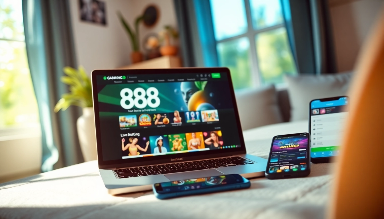 Engaging online gaming platform scene featuring 888b.rodeo with a laptop and smartphone.