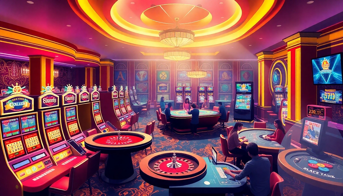 Experience the thrilling atmosphere of 123b.faith's vibrant online casino, with lively gaming tables and players enjoying their favorite games.