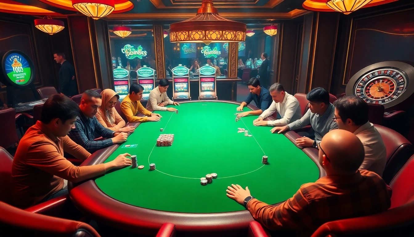 Players strategizing at a poker table on https://uu88.bio/ with vibrant casino elements surrounding them.