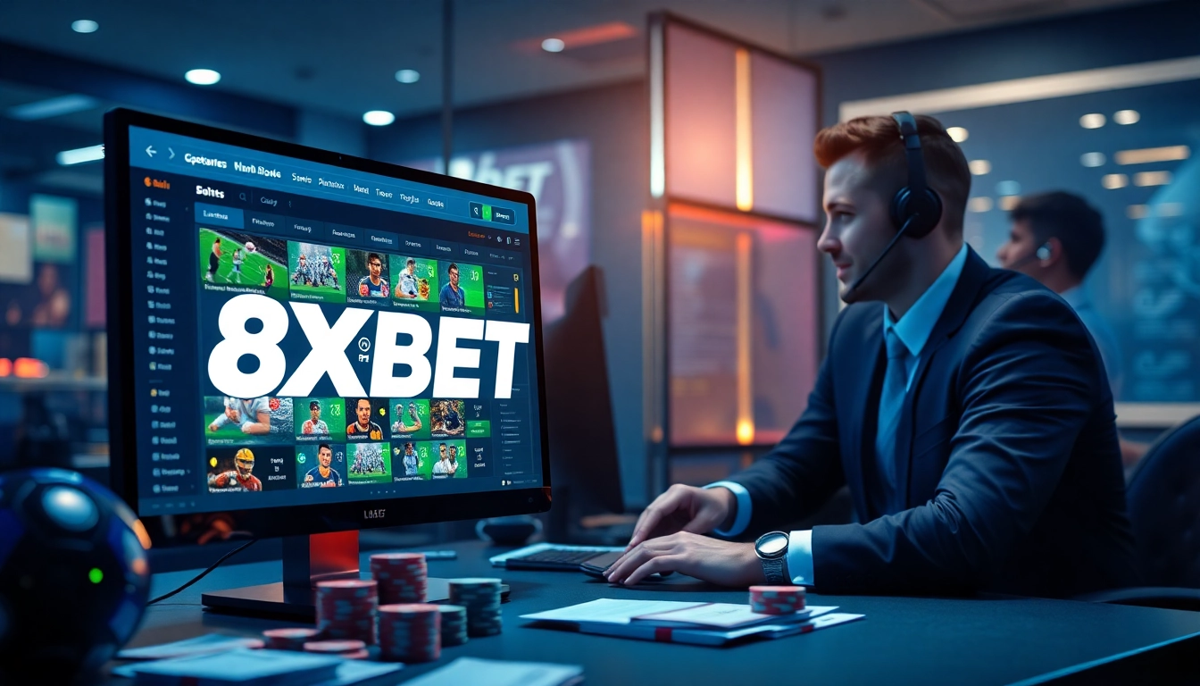 Online betting scene showcasing 8xbet.com.se with vibrant digital interfaces and friendly customer support, highlighting security and innovation.