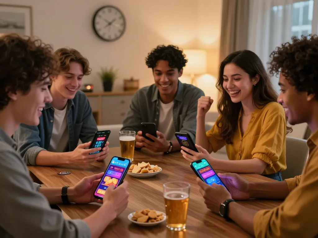 Diverse friends enjoying MM88 mobile gambling experience together at home during an exciting gaming night.