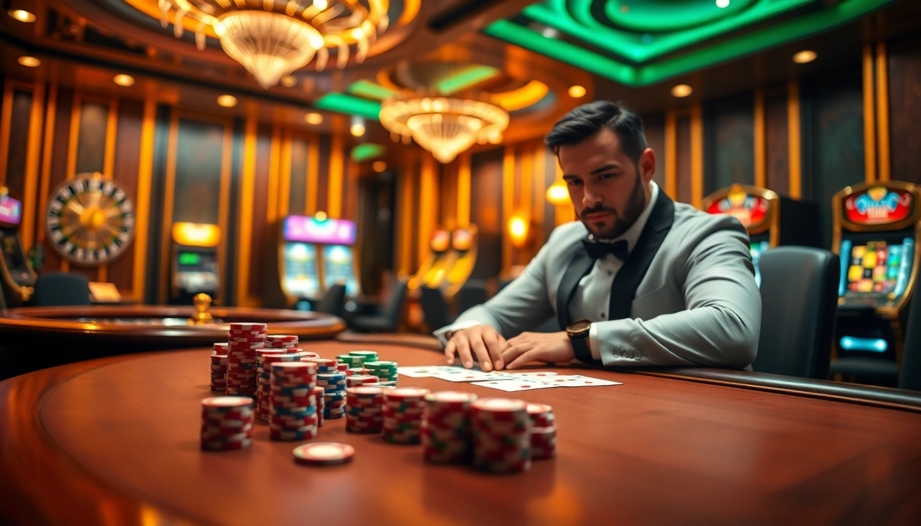 A professional gambler enjoys an exciting game đánh bài đổi thưởng at a luxurious casino table filled with poker chips and cards.