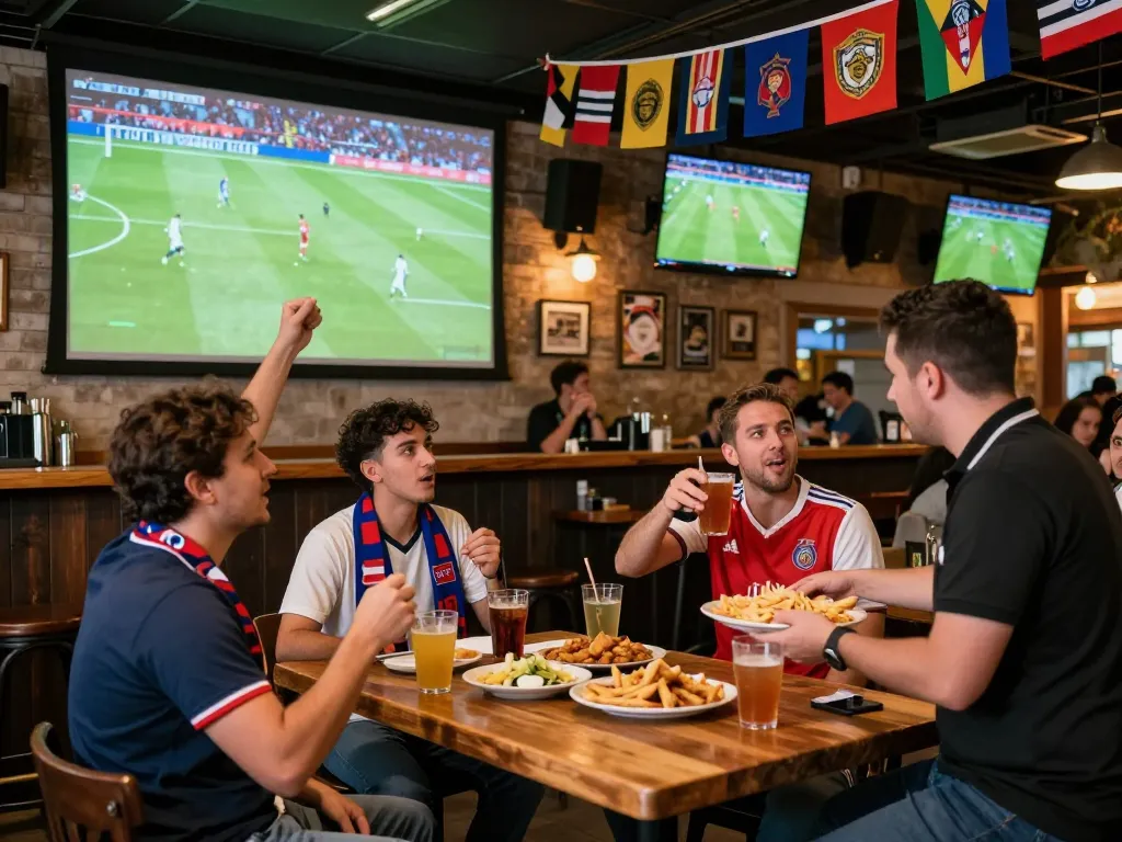 Fans enjoying a live football match on cakhiatv.uk.com in a lively pub atmosphere, celebrating with drinks and snacks.