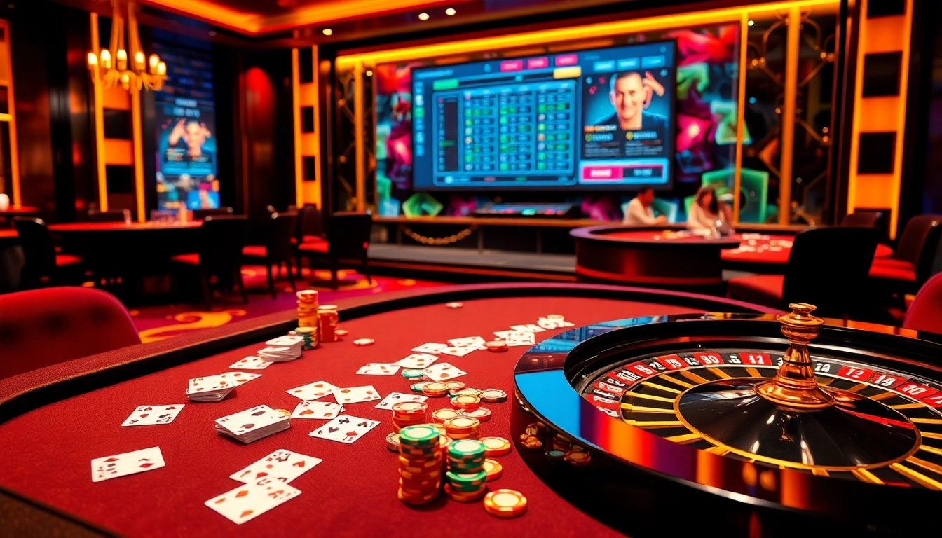 Gambling excitement at GG88 COM with a luxurious casino atmosphere featuring poker and roulette.
