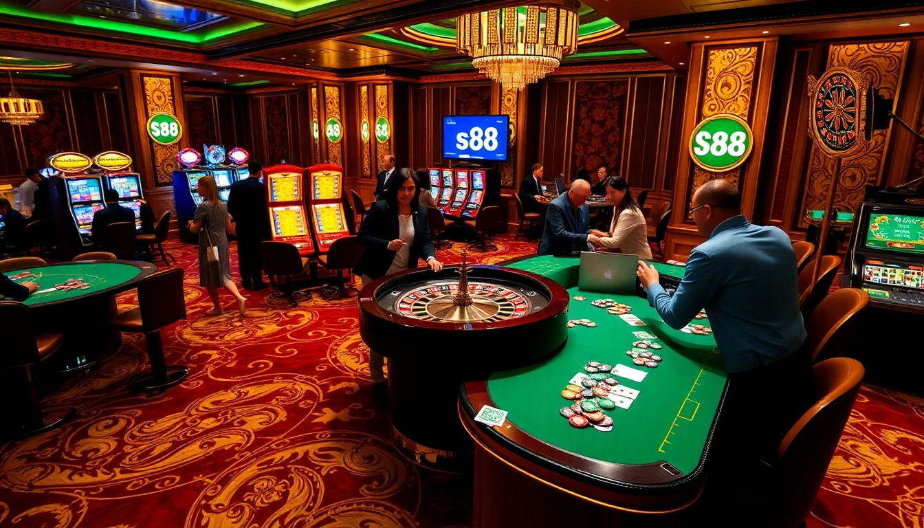 Experience thrilling gameplay with S88 at a luxurious casino table setting featuring vibrant slot machines and poker chips.