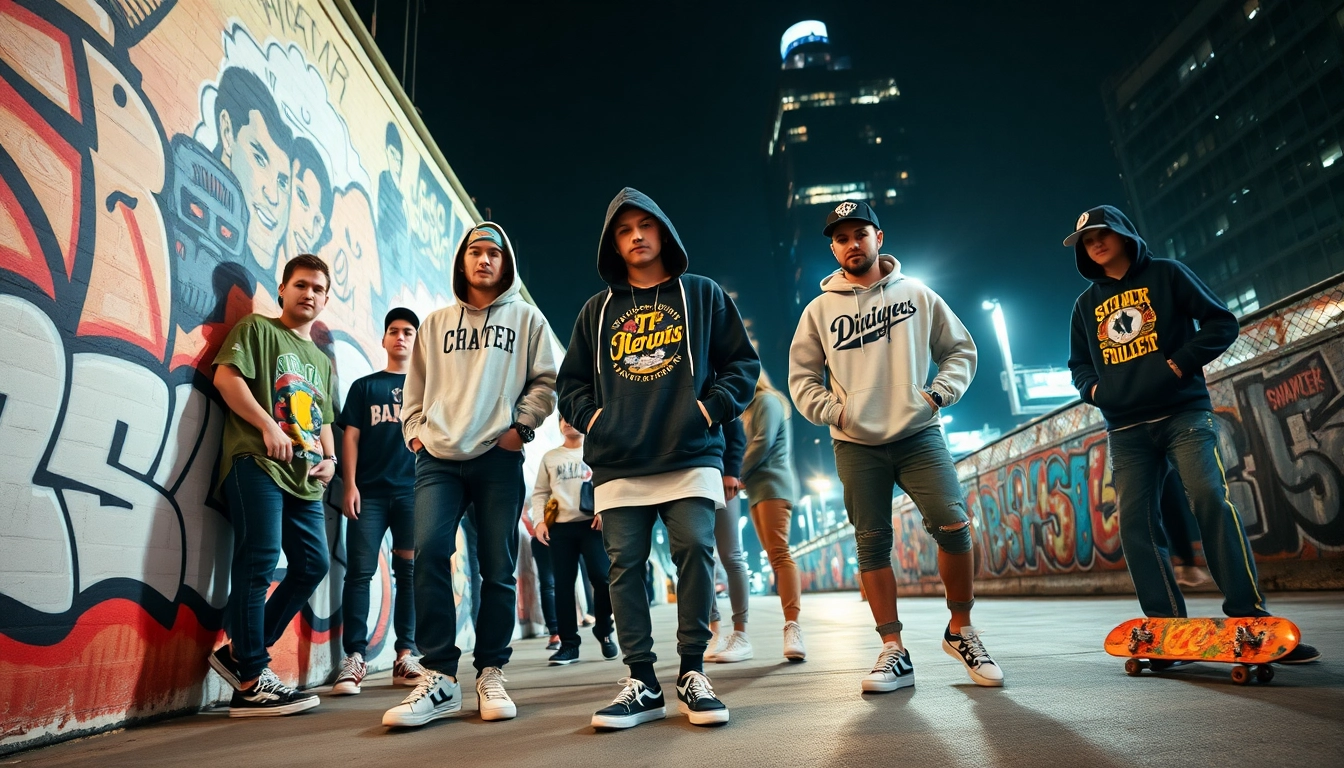 Stylish streetwear clothes showcased in an urban setting with vibrant city elements.