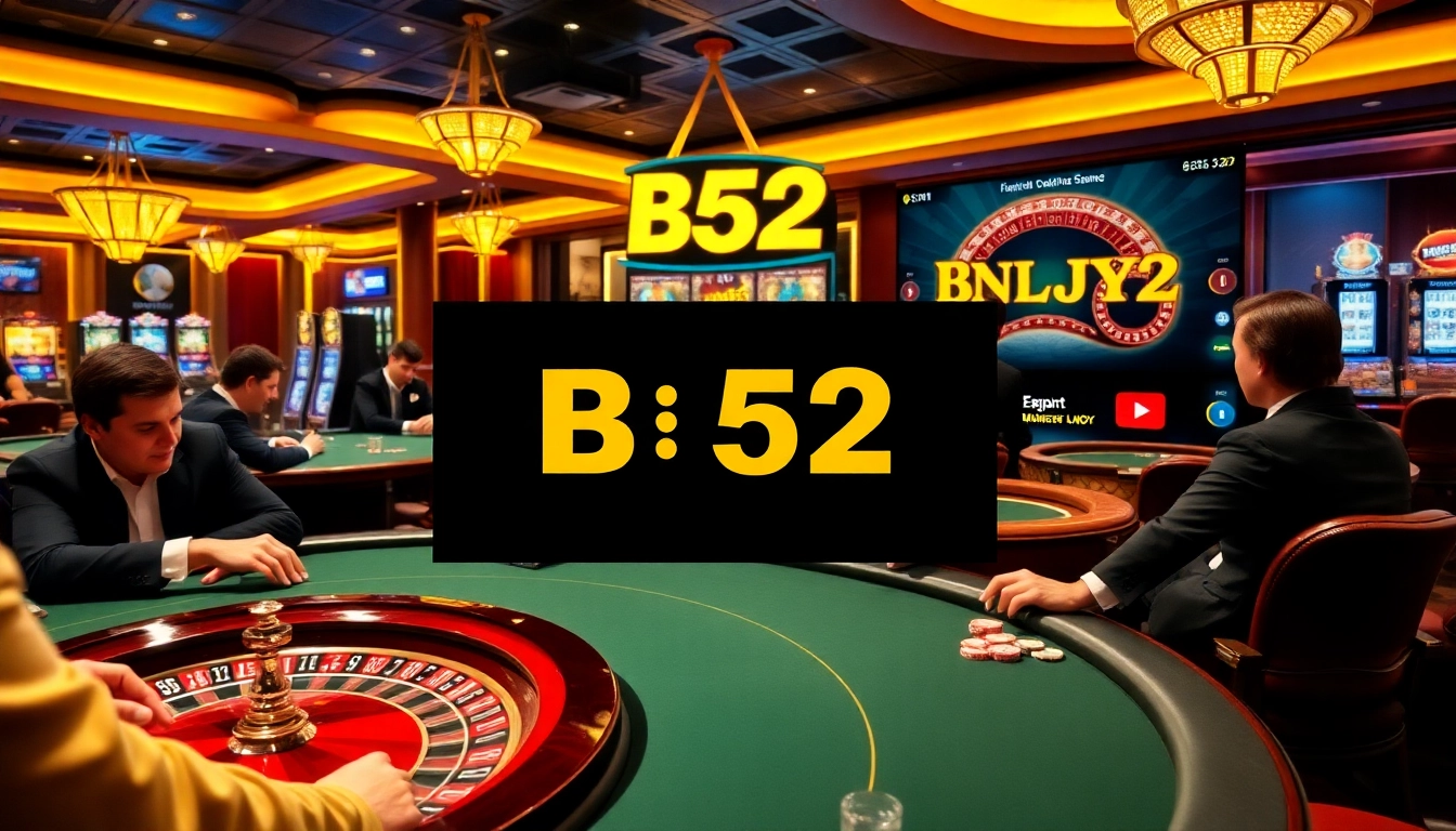A lively casino atmosphere where players enjoy B52 gaming experiences with poker chips and roulette.