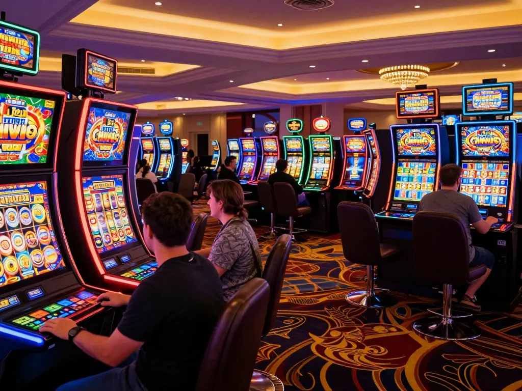 Players enjoying colorful slot machines with spinning reels and vibrant lights