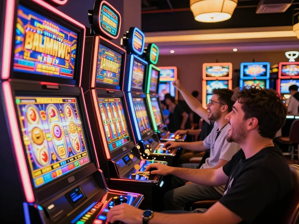 Players enjoying the excitement of situs slot gacor with vibrant machines and thrilling wins in a lively casino setting.
