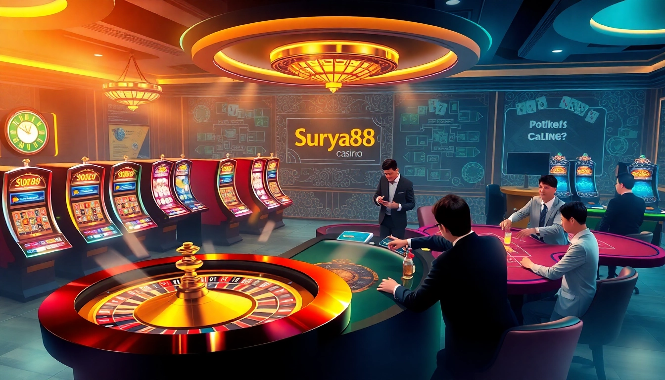Pemandangan kasino online Surya88 yang menarik dengan roulette, mesin slot, dan pemain yang terlibat.