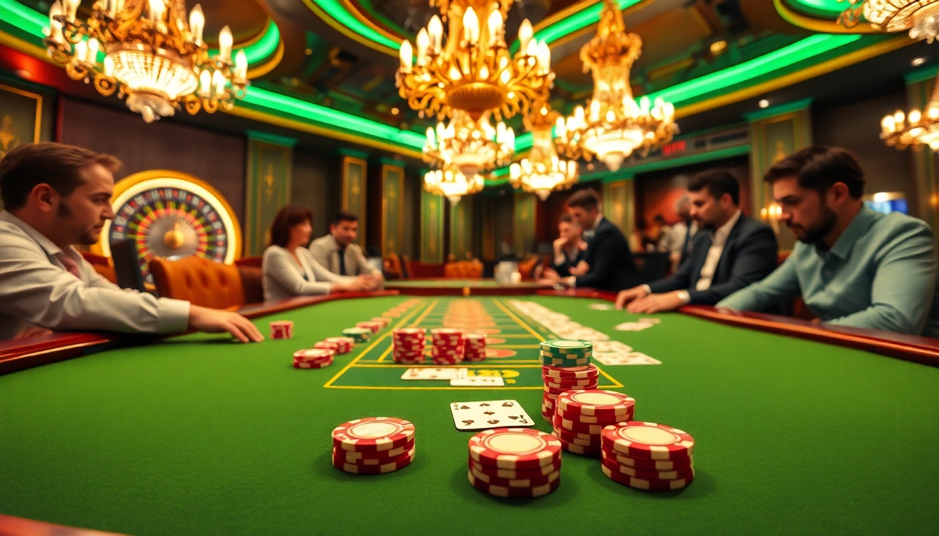 KONG88 players strategizing their bets at an elegant blackjack table in a luxurious casino.