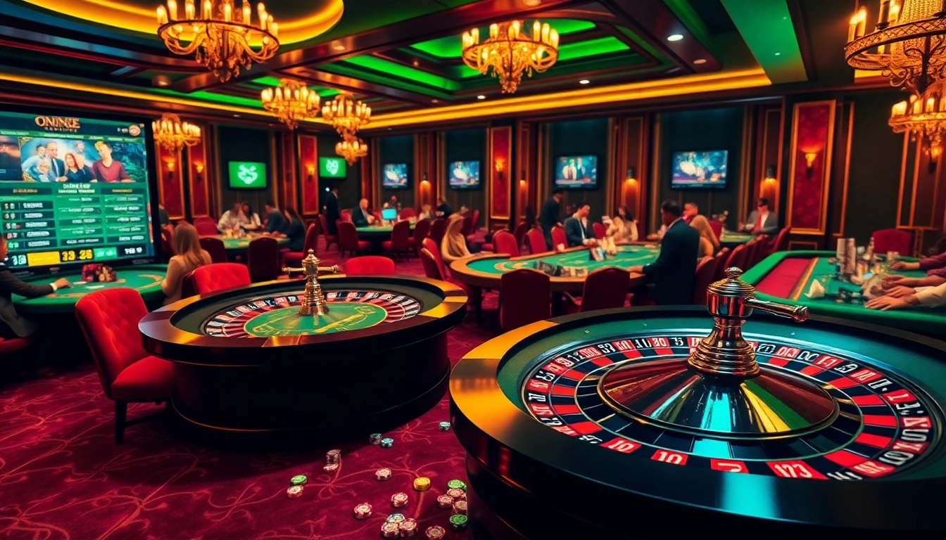 Players engaging with casino tables and a roulette wheel at https://bl-555.com/, showcasing vibrant gambling excitement.